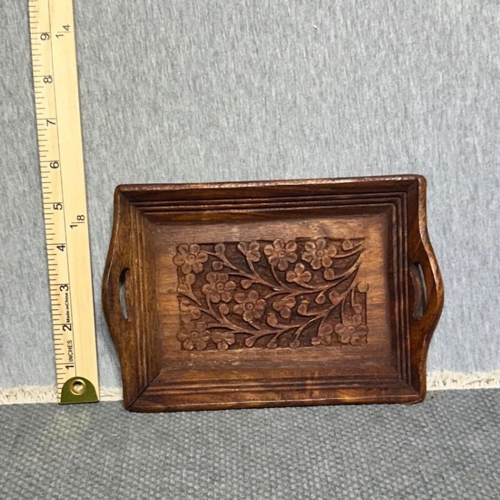 VTG Hand Carved Floral Wood Serving Tray Small Rectangular Handle Platter